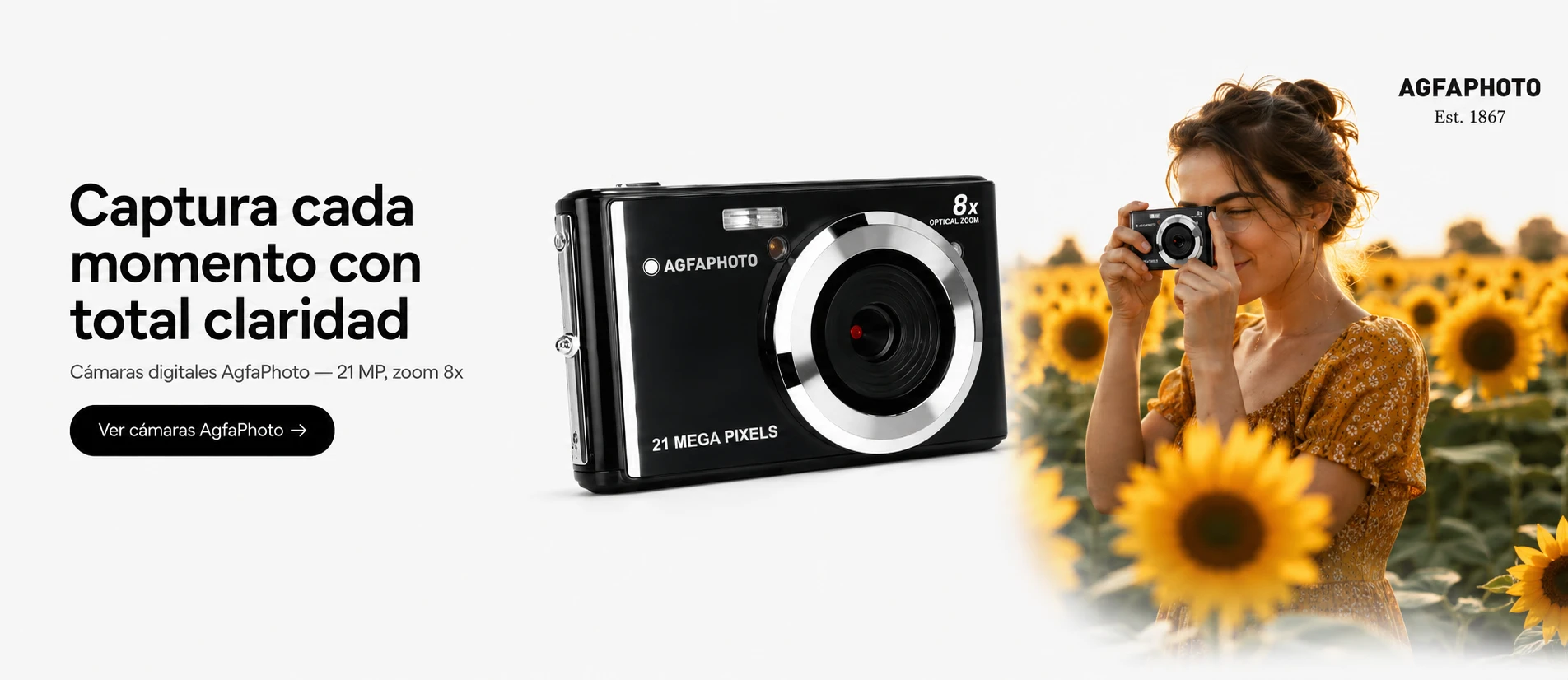 Cámara digital AgfaPhoto de 21 MP y zoom 8x, junto a una mujer fotografiando un campo de girasoles