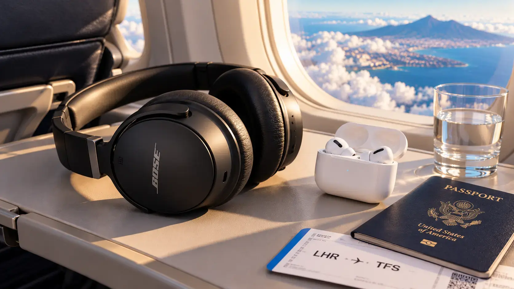 Best noise-cancelling headphones: Bose QuietComfort Ultra and AirPods Pro 3 on an aeroplane’s tray table